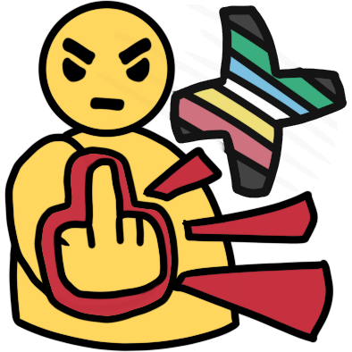 a frowning, stern yellow person flipping the viewer off, a plus sign coloured with the disability pride flag beside them. their hand has a red surround, and three red emphasis lines come from it. 